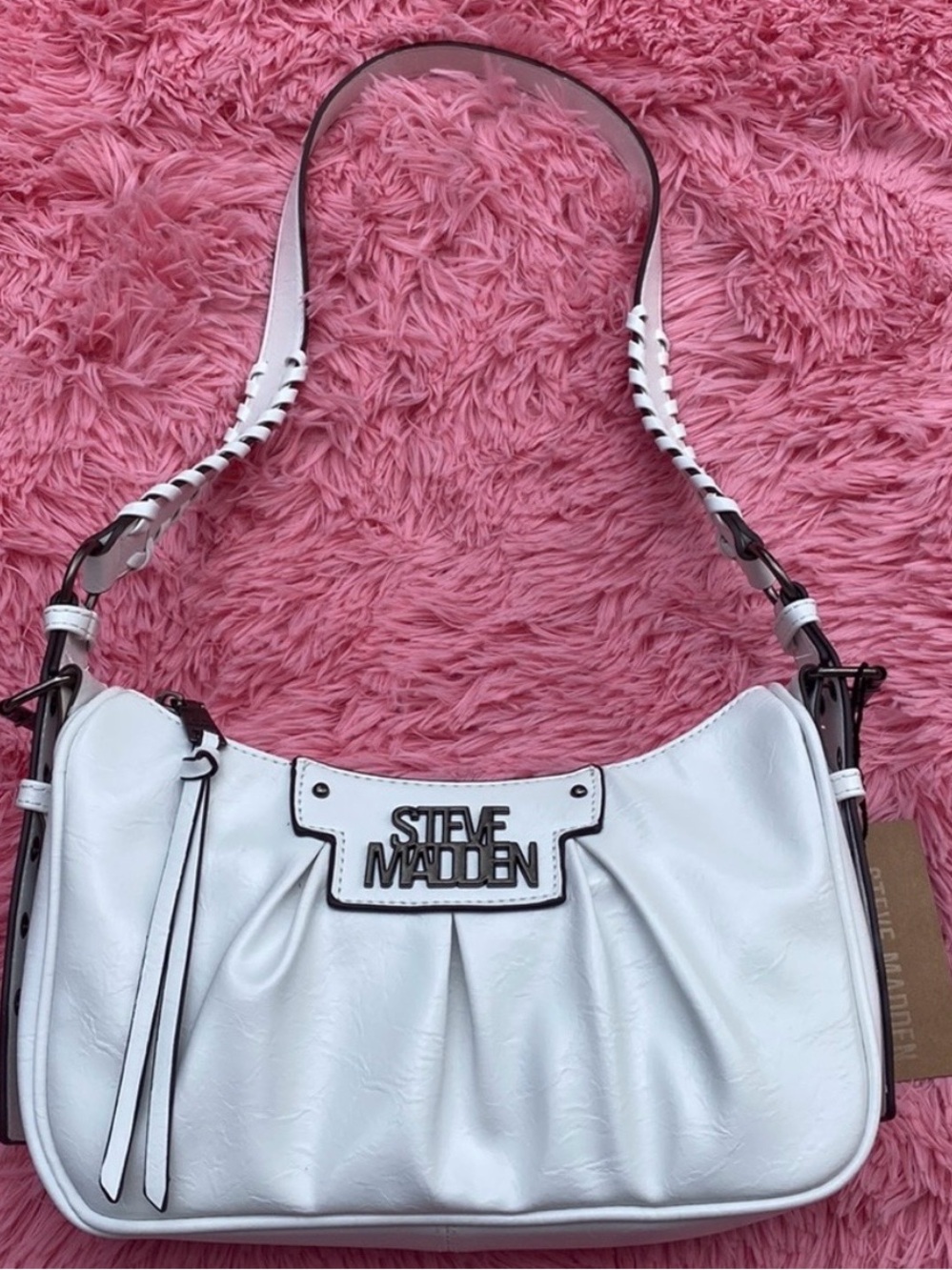 Steve Madden White Pleated Shoulder Bag with Braided Strap